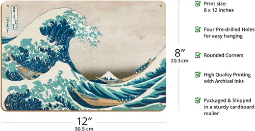 Vista 2 de Katsushika Hokusai c.1830s - The Great Wave off Kanagawa - Mount Fuji - Cartel de madera vintage de 8 x 12 pulgadas