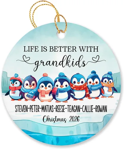 Vista 24 de Árbol de Navidad personalizado para abuelos y nietos 2023, un nieto hace la vida más grandioso, adorno personalizado con nombre y texto, adornos