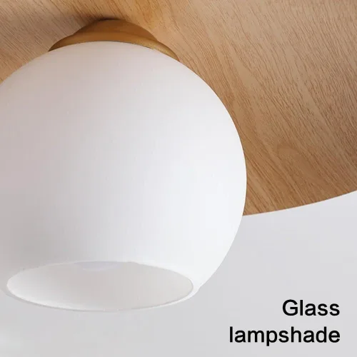 Vista 6 de Lámpara de techo minimalista moderna de globo de vidrio blanco redondo con textura de nuez, lámpara de techo semiempotrada con textura de madera