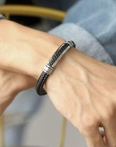 Vista 3 de FILOBOKO Pulsera de cuero negro para hombres adolescentes y niños, pulsera de hebilla ajustable de acero inoxidable plateado para hombres, Metal,