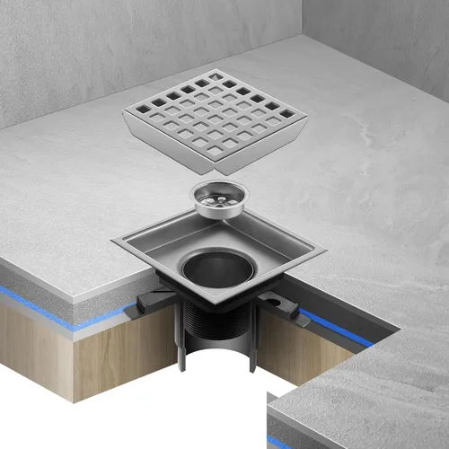 Vista 5 de Desagüe de ducha, desagüe de piso cuadrado cromado de 4 pulgadas con brida, panel de rejilla extraíble plateado de acero inoxidable SUS 304, desagüe