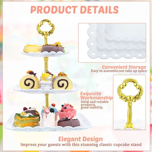 Vista 3 de 6 juegos de 3 niveles de soporte para cupcakes de fiesta de té, platos de postre de plástico blanco para cupcakes, bandejas cuadradas para tartas