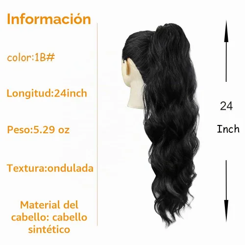 Vista 2 de KETHBE Extensión de pelo para cola de caballo de 24 pulgadas con onda corporal, sintética, resistente al calor, con cordón envolvente, rizada y 1b#