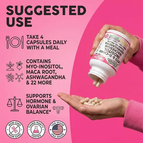 Vista 6 de Myo Inositol D Chiro Inositol Suplemento para mujeres – Balance Hormonal con Magnesio Ashwagandha Vitamina D3 Folato Maca Raíz Casteberry Onagra