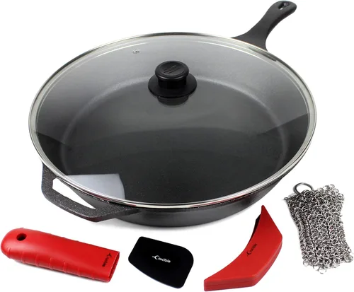 Vista 12 de Sartén de hierro fundido (extra profundo) – 10.25 pulgadas con tapa de sartén, sartenes + fundas de soporte de mango de silicona – Utensilios