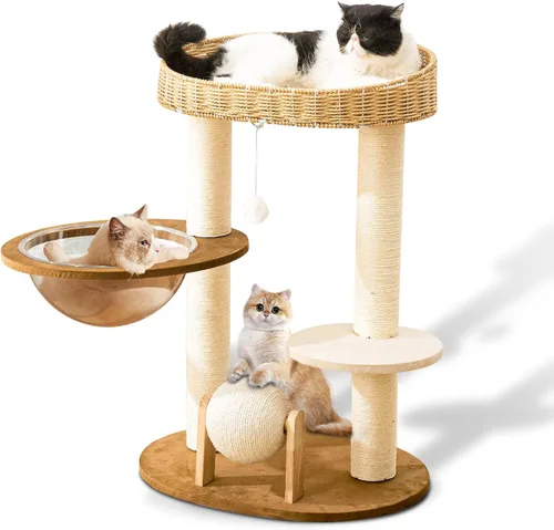 Vista 10 de Torre de árbol moderna para gatos de 52 pulgadas para gatos grandes, 3 nidos para gatos tejidos a mano, multinivel, enormes Paws Pals árbol