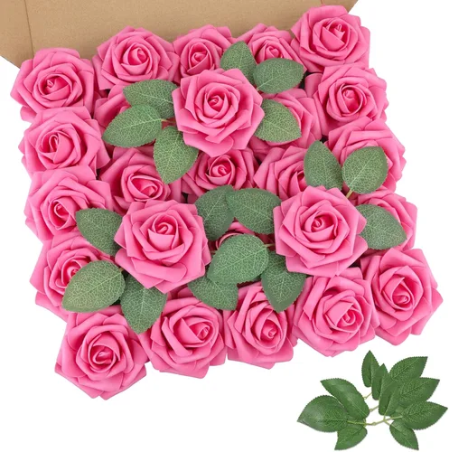 Vista 16 de AmyHomie 25 flores artificiales de aspecto real con tallo de rosa beige