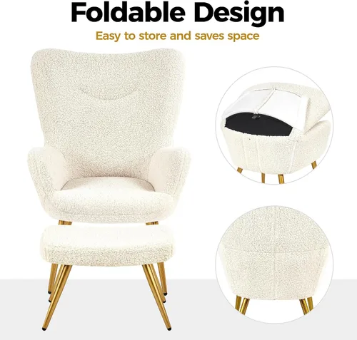 Vista 6 de Yaheetech Juego de silla decorativa y otomana, sillón Sherpa con patas de metal dorado y respaldo alto, reposapiés para sala de estar, salón, Marfil