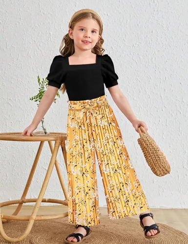 Vista 8 de DONWEN Conjunto de 3 piezas de ropa para niñas pequeñas y niñas con cuello cuadrado + pantalones elegantes + diadema para primavera y verano