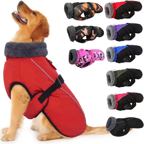 Vista 15 de IECOii - Abrigo extracálido para perro, chaqueta reflectante ajustable, invernal, suave, cuello alto, hebilla, forro de vellón, para clima frío