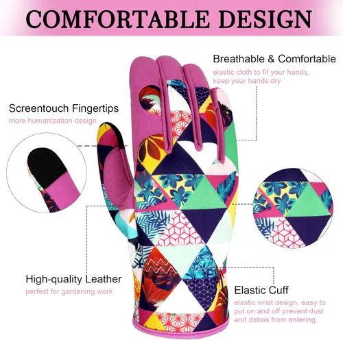 Vista 3 de Guantes de jardinería de cuero para mujer, guantes de jardín a prueba de espinas, diseño de pantalla táctil, guantes de trabajo resistentes