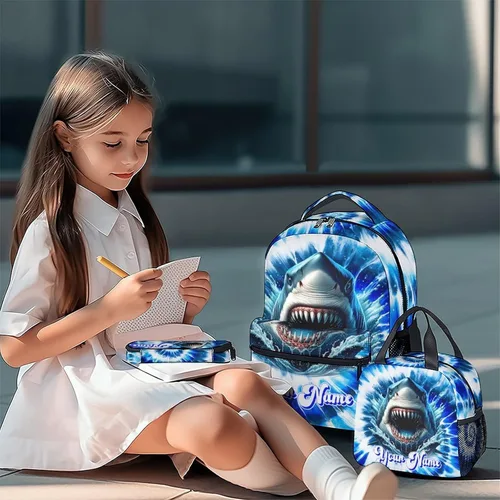 Vista 6 de UNIKITTY Mochila para niños con nombre personalizado, juego de 3 piezas con bolsa de almuerzo y estuche para lápices, bolsa escolar de 17 pulgadas