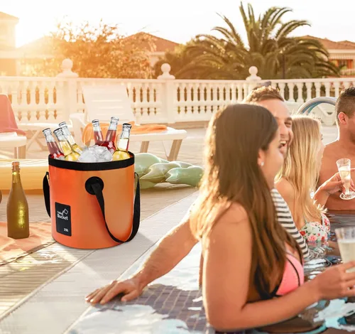 Vista 7 de 3 cubos plegables de 5 galones con asa, azul, naranja, negro