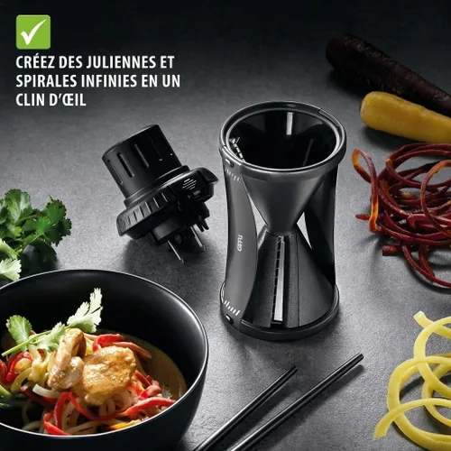 Vista 2 de GEFU Spiral Slicer SPIRELLI 2.0 Black Edition with Vegetable Holder and Brush, Julienne Cutter for Vegetables up to Diameter 5 cm with 2 Cutting