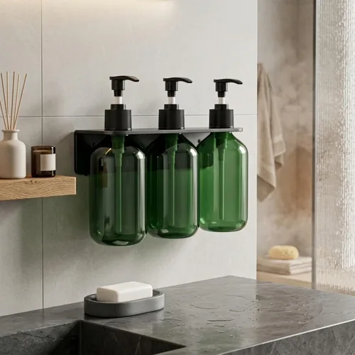 Vista 2 de Green Pump Bottles 500ml 3 Pack with Wall Mount for Soap Shampoo Lotion