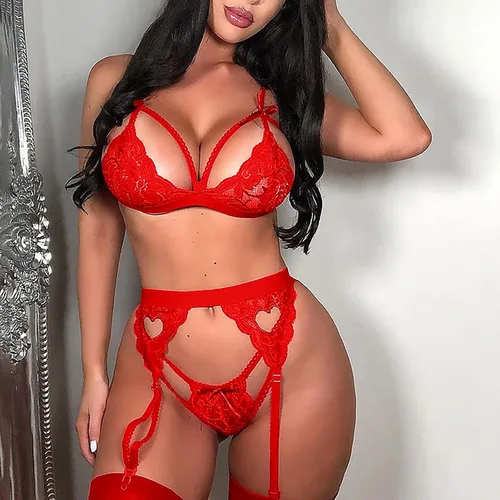Vista 5 de Disfraces sexys para mujer, travieso, color sólido, lazo de encaje, corazón, hueco, traje de tres piezas, lencería cachonda