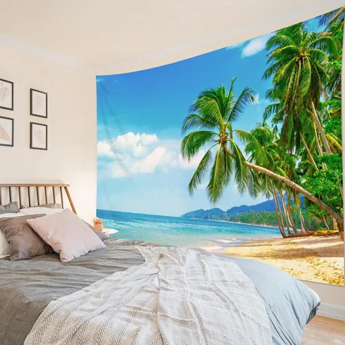 Vista 14 de HVEST Tapiz de playa para colgar en la pared, paisaje tropical azul océano, tapiz natural para dormitorio, palmera verde con cielo azul, nube