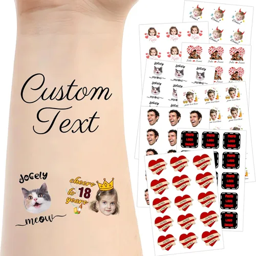Vista 9 de Tatuajes temporales personalizados para la cara, tatuajes faciales personalizados con nombre de foto, logotipo, texto, calcomanía de tatuaje falsa