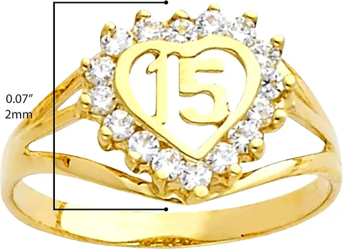 Vista 3 de Anillo de corazón de Quinceañera dulce de 15 años de oro amarillo de 14 quilates con circonita cúbica