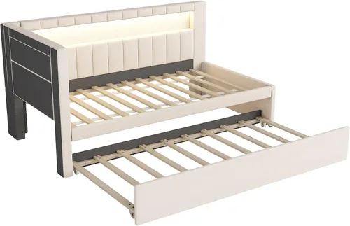 Vista 7 de Cama de plataforma tapizada de tamaño individual con puertos USB y luces LED, sofá cama con nido y cabecera en forma de L, cama esquinera suave
