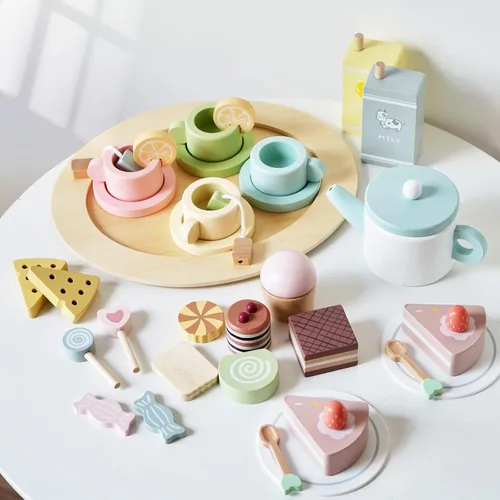 Vista 9 de Juego de té de madera para niñas pequeñas, juguete de juego de té con 27 piezas de accesorios de cocina de simulación, juguete de té de princesa