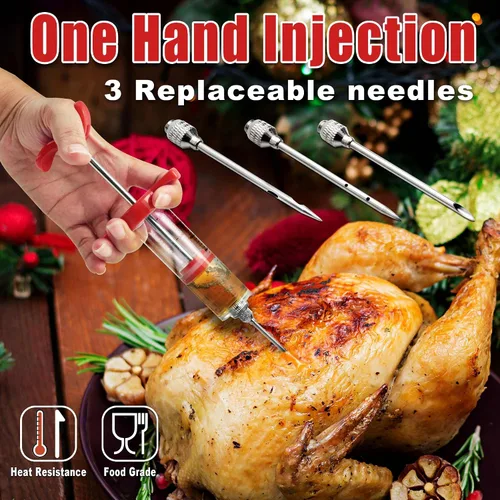 Vista 3 de Kit profesional de jeringa para inyector de carne de pavo, para cocinar pavo de Acción de Gracias y Navidad, adobos inyectores para carnes, juego