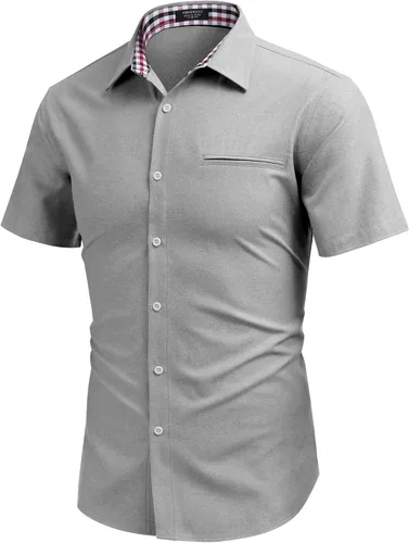 Vista 4 de COOFANDY Camisa de vestir Oxford de manga corta para hombre, camisa de trabajo con botones de cambray, camisas casuales con cuello a cuadros