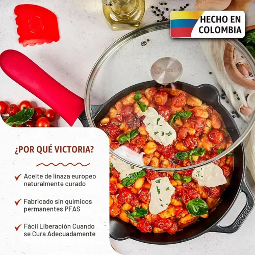 Vista 2 de Victoria - Set de sartén de hierro fundido de 12 pulgadas con tapa de vidrio templado, cubierta de mango grande y raspador de sartén