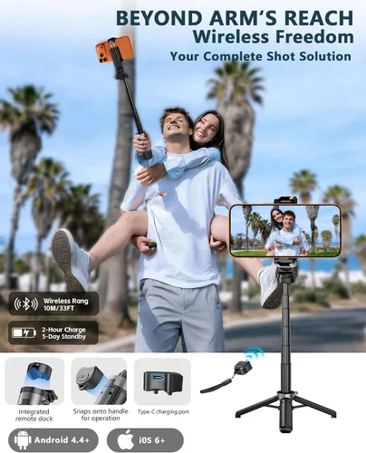 Vista 8 de Trípode de bolsillo para teléfono, trípode portátil 3 en 1 para selfie stick con control remoto, rotación de 360°, soporte de trípode para teléfono