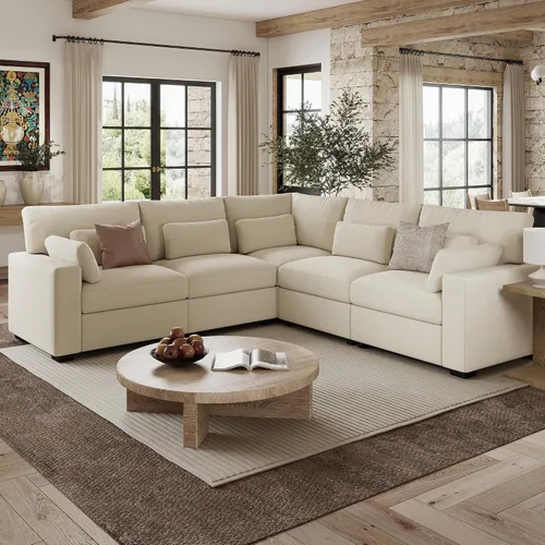 Vista 8 de Sofá modular de 146.5 pulgadas, sofás extra profundos en forma de U para sala de estar, sofá de felpilla de 4 asientos con patas de madera, otomana