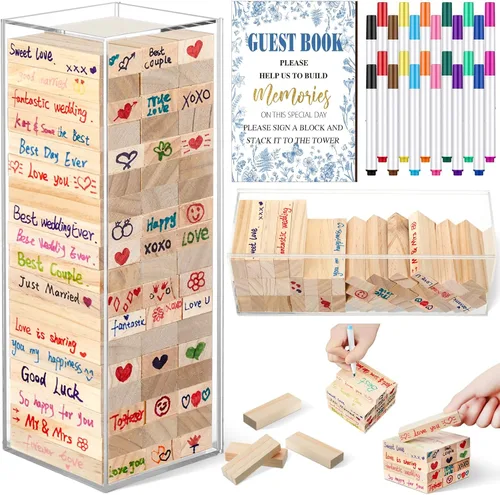Vista 11 de Beeveer 80 piezas Libro de invitados para boda alternativo en bloque de madera para cartel de boda, decoración de despedida de soltera, 54 piezas