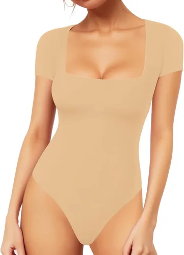 Vista 125 de MANGOPOP - Body de manga corta con cuello cuadrado para mujer