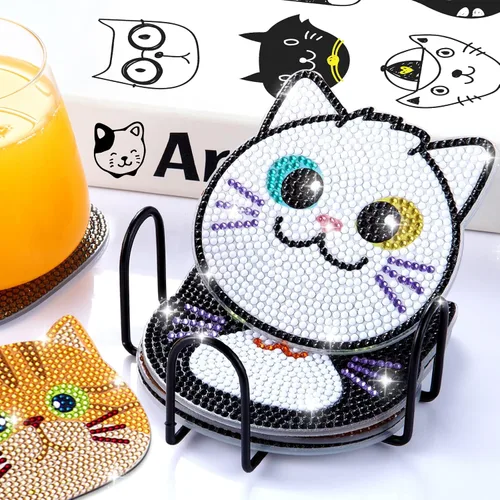 Vista 5 de Insnug Juego de 10 posavasos de pintura de diamantes, con temática de gato, kits de pintura para niños y adultos, puntos, artes y manualidades, kits
