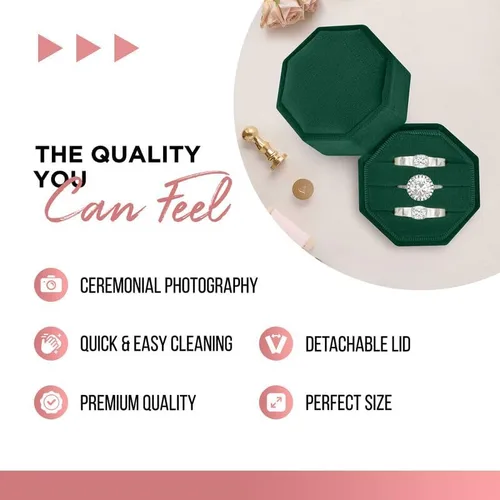 Vista 3 de Caja de terciopelo para anillos de alta calidad para ceremonia de boda con tapa desmontable, elegante y bonita caja para anillos de boda, 3 ranuras