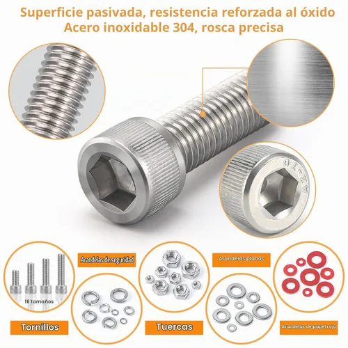 Vista 2 de Tuercas y pernos M2 M3 M4 M5, surtido de pernos métricos de acero inoxidable 304 (arandelas de bloqueo y planas), surtido de tornillos métricos