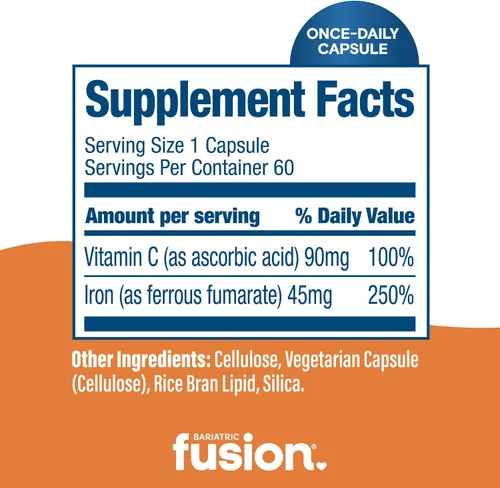 Vista 4 de Bariatric Fusion Suplemento de hierro de 45 mg con vitamina C 1 por día Vitaminas para mujeres y hombres Sin gluten, lácteos y soja Sin OMG
