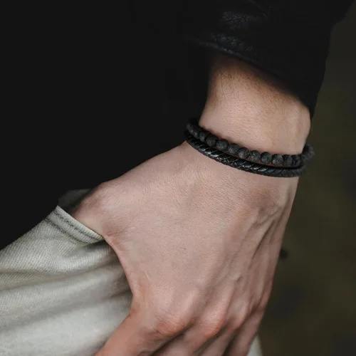 Vista 3 de LUXEJEW Gifts for Men - Mens Bracelet, Beaded Leather Bracelets for Men 6mm Tiger Eye Lava Rock Stone Handmade Bracelets Adjustable Stainless Steel
