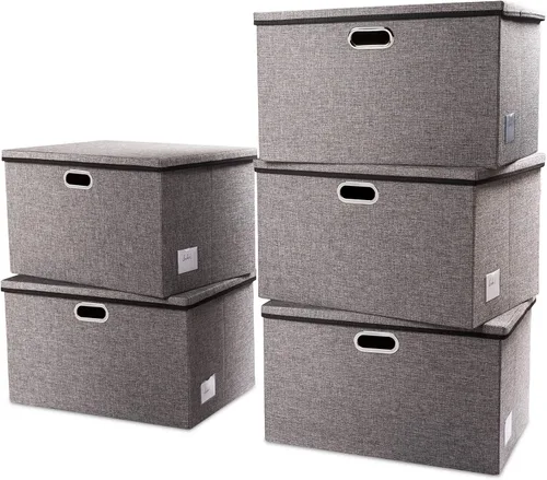 Vista 39 de PRANDOM Contenedores de almacenamiento con tapas [paquete de 3] cajas de almacenamiento plegables de tela de lino, canastas organizadoras, cubos