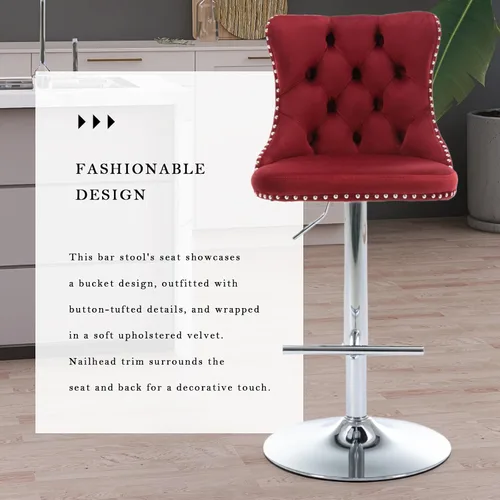 Vista 65 de SoarFlash Juego de 2 taburetes de bar tapizados de terciopelo moderno con patas de madera, botones acolchados, cabeza de clavo cromada, asiento