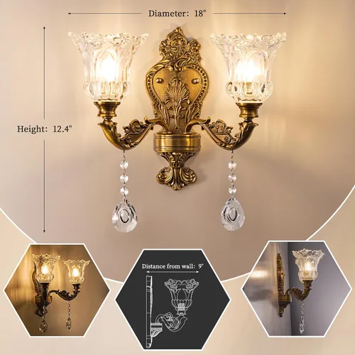 Vista 2 de Wellmet - Aplique de pared dorado con 2 luces, lámpara de pared de cristal retro para tocador de baño Vintage Wall Light Fixtures for Living Room