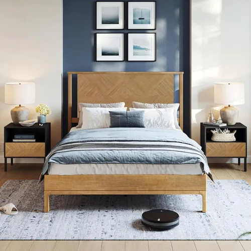 Vista 19 de Bme Ethan - Base de cama Queen con cabecera de diamante, moderna de mediados de siglo, madera de acacia maciza, no necesita somier, se adapta a