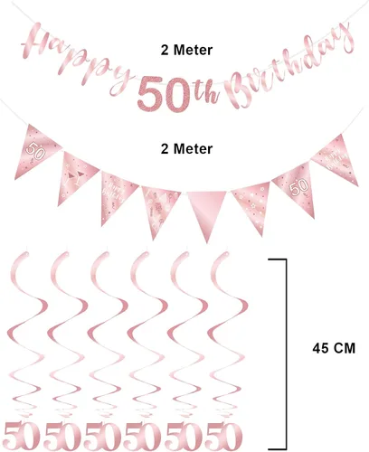 Vista 3 de Decoración de cumpleaños número 50 en oro rosa para niñas, pancarta de feliz cumpleaños 50, remolinos de banderines, pancarta de bandera triangular