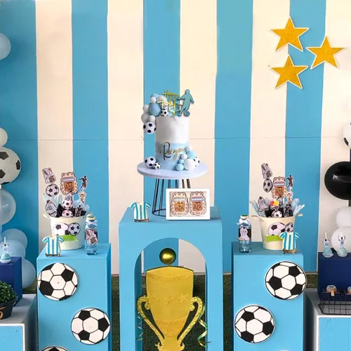 Vista 7 de 28 piezas de decoración de pastel de fútbol para niños, decoración de cupcakes deportivos con bolas azules y blancas y mini pelotas de fútbol