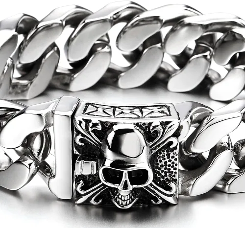 Vista 3 de COOLSTEELANDBEYOND Pulsera de cadena de acero cepillado vintage grande para hombre con flor de lis y calavera