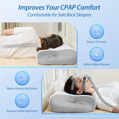 Vista 10 de Almohada HOMCA para dormir de lado con CPAP, almohada cervical para el cuello para todos los usuarios de máscaras CPAP para reducir las fugas de Gris