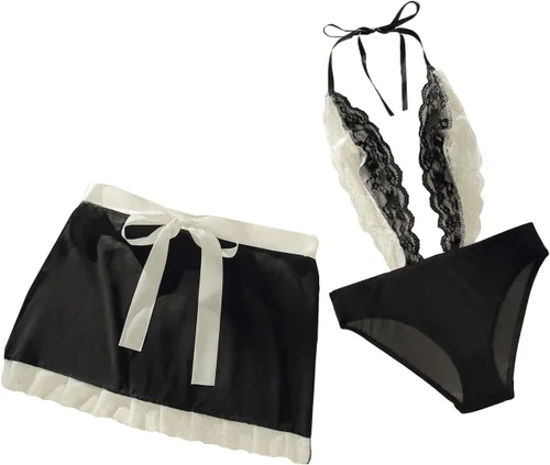 Vista 2 de WDIRARA Body de peluche de encaje con bloque de color de 3 piezas para mujer con falda y aro para el pelo, Negro Blanco