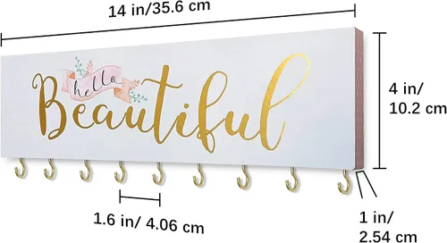 Vista 3 de SANY DAYO HOME Organizador de joyas montado en la pared, moderno soporte de madera con 9 ganchos de metal para collares, anillos, aretes, pulseras