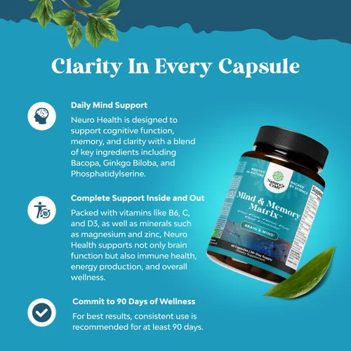 Vista 2 de Suplemento cerebral nootrópico para mejorar la memoria y el enfoque, vitaminas para la salud mental y la claridad con VIT A, B6, riboflavina