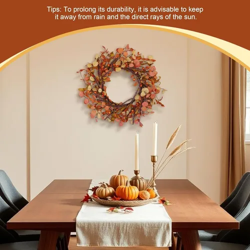 Vista 10 de Corona de otoño de 20 pulgadas para puerta delantera, decoración de otoño con hojas de eucalipto naranja, coronas rústicas de cosecha de Acción