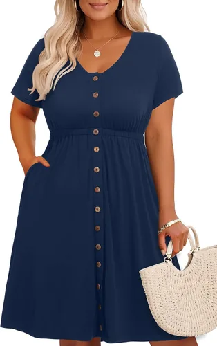 Vista 64 de Holipick Vestidos de verano para mujer, talla grande, casual, con bolsillos, acampanado, con botones, sin mangas, cuello en V